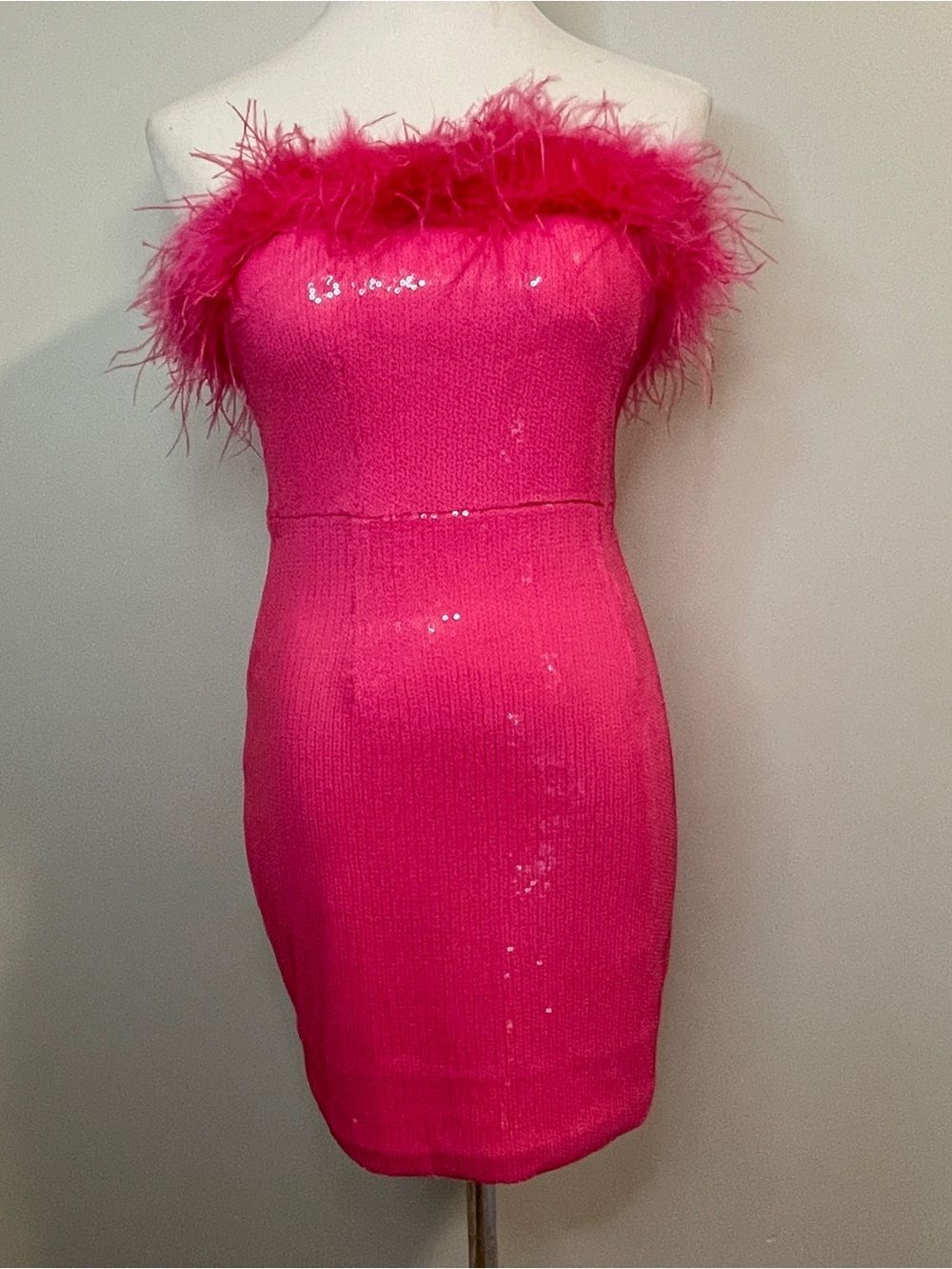 Bella Barnett Strapless Hot Pink Feather-Trim Mini Dress